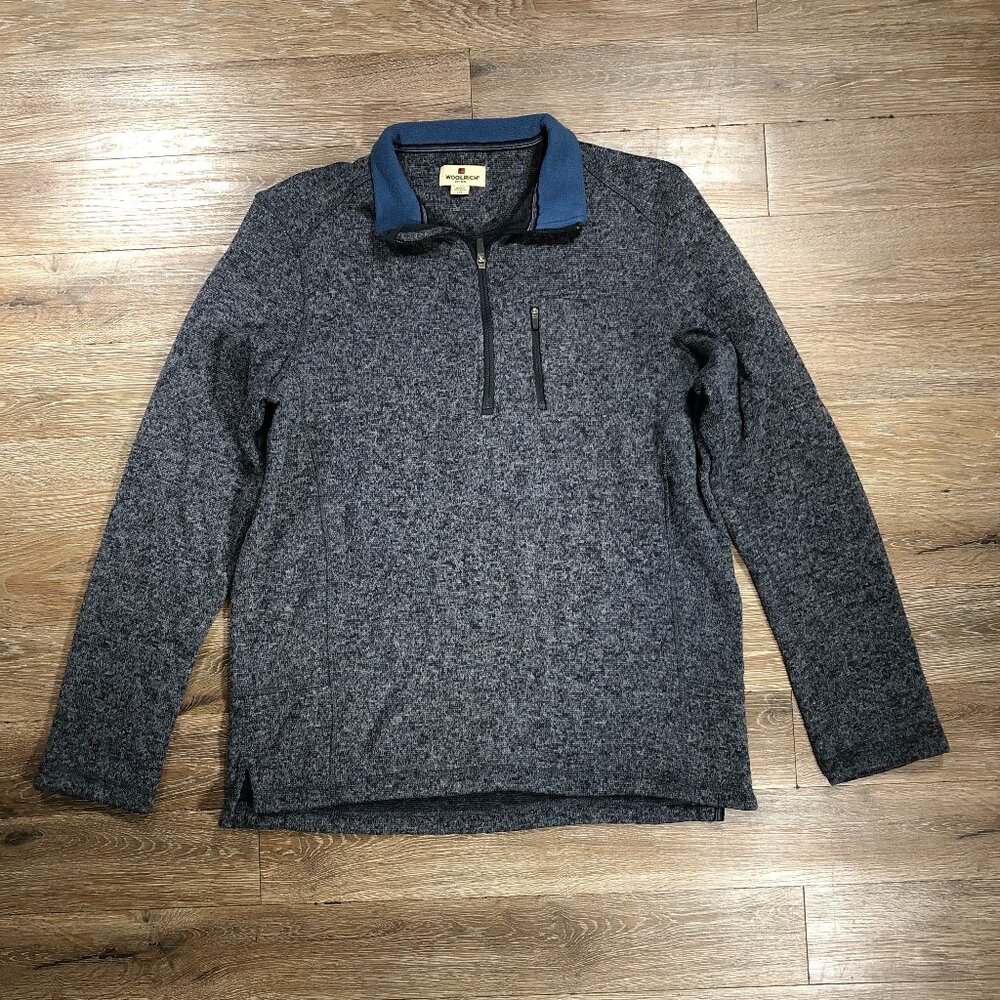 Woolrich Sweater Men's Large Gray Blue Quarter Zip Fleece Pullover Outdoor Hike